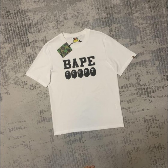 White BAPE T-Shirt with "BAPE" and Ape Head Icons Print
